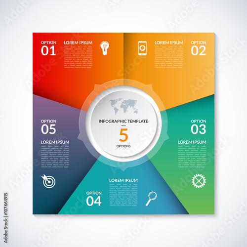 Vector infographic square template. Banner with 5 steps, stages, options, parts
