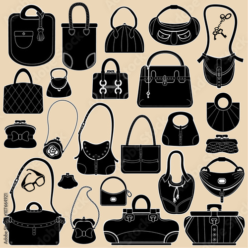 Set of woman bags and handbags. Black and white colors  objects.