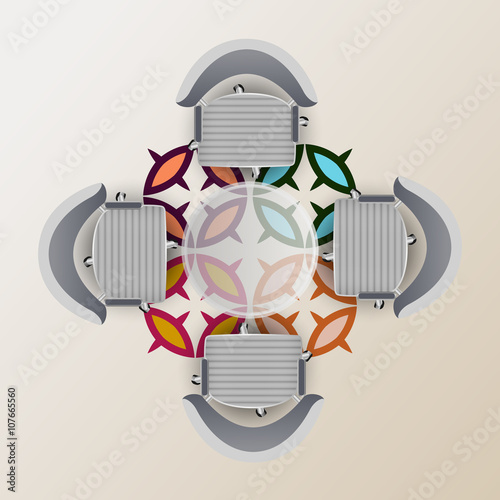 Top view of a conference room. Half round glass table, four chairs carpet with Arabic pattern.