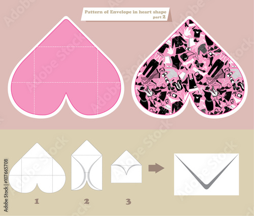 Template and scheme of envelope in heart shape. Pattern with wom