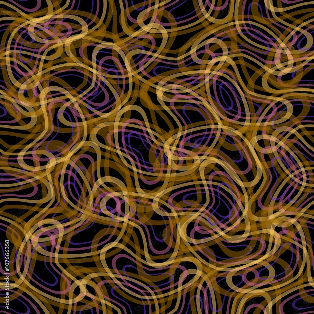 Abstract doodle patterns in yellow and purple, semitransparent overlapping curves on black background, seamless vector background