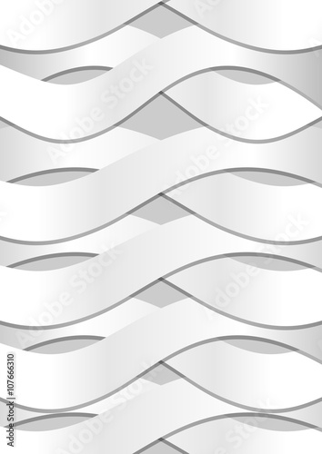 Abstract background with white cambered wavy paper strips and fine shadows on light gray background
