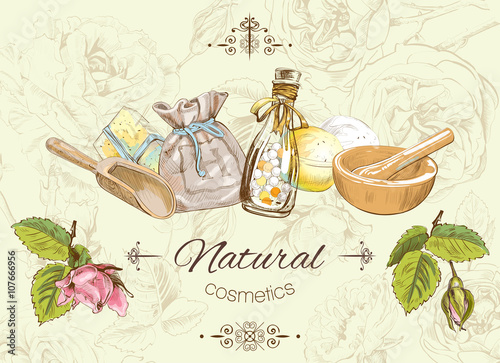 Vector vintage banner with natural products and items on herbal background. Design for cosmetics, store, beauty salon, natural and organic, health care products. Can be used like a logo design