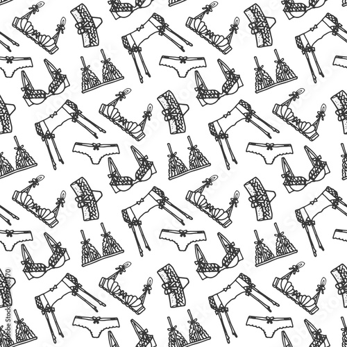 Lingerie seamless pattern. Vector underwear background design. Outline hand drawn illustration. Bras and panties doodle. 