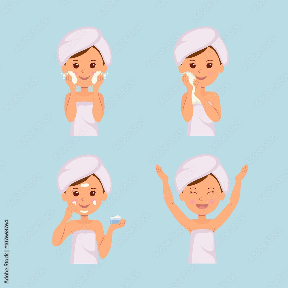 Isolated set of characters: Girl takes care of the skin. Isolated set of characters: Girl takes care of the skin.