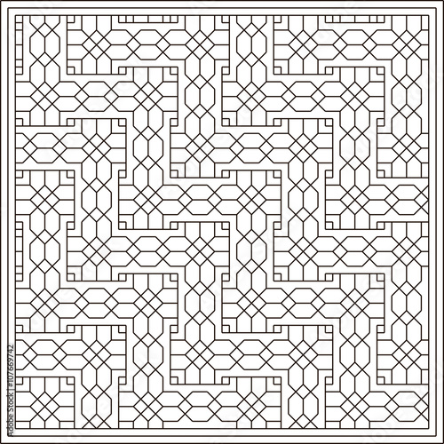 Coloring book for kids. Geometric interwoven pattern. Vector. Black contour, isolated on a white background.
