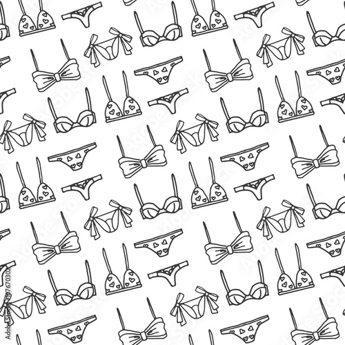 Lingerie seamless pattern. Vector underwear background design. Outline hand drawn illustration. Bras and panties doodle. 