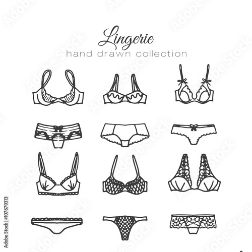 Lingerie set. Vector underwear design. Outline hand drawn illustration. Bras and panties doodle. 