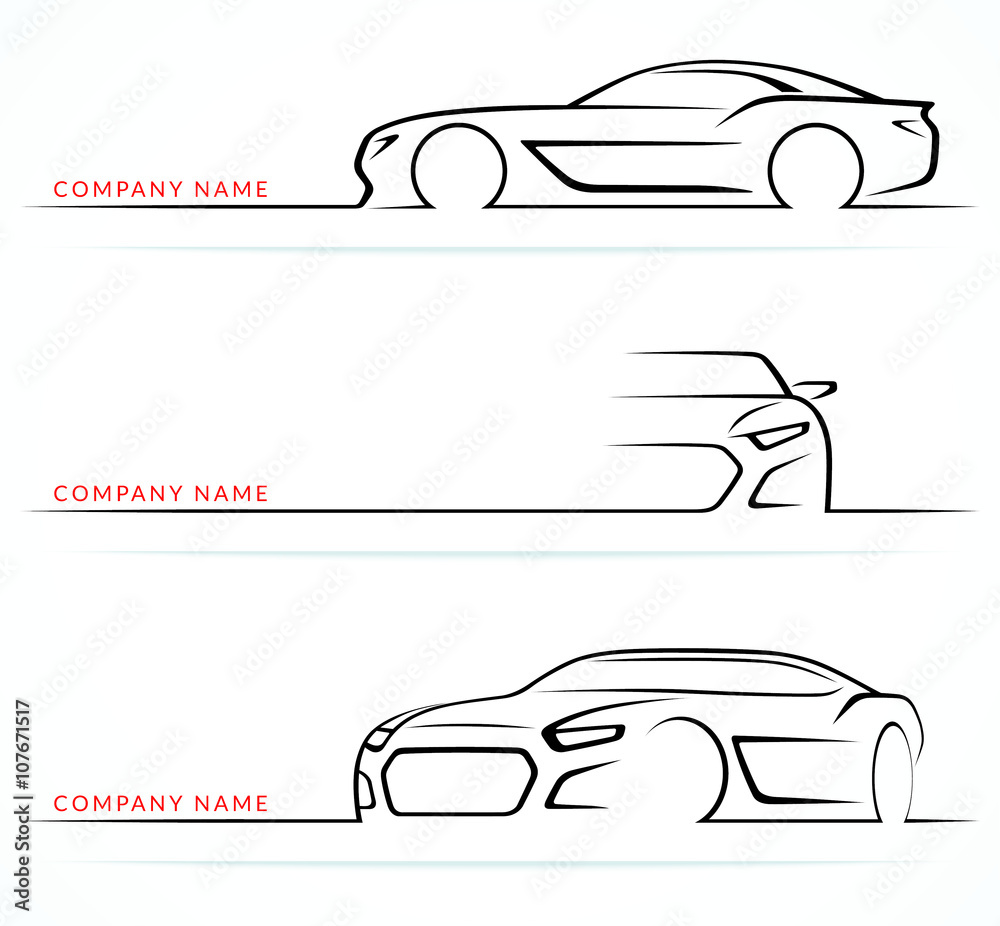 Sports car silhouettes set. Front, rear, side views. Vector illustration
