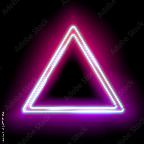 Neon abstract triangle. Glowing frame. Vintage electric symbol. Burning a pointer to a black wall in a club, bar or cafe. Design element for your ad, sign, poster, banner. illustration