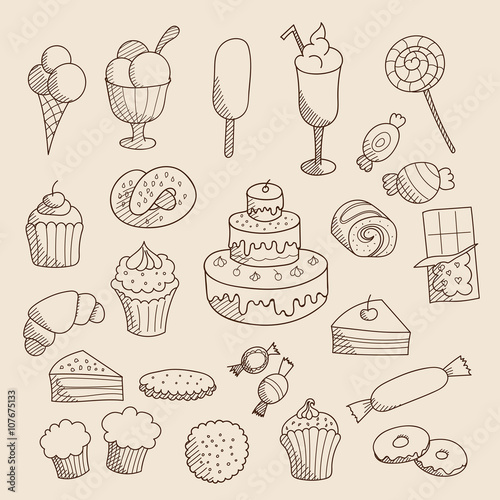Collection of hand drawn sketched linear sweets: muffins, cakes, ice cream, candies, donuts