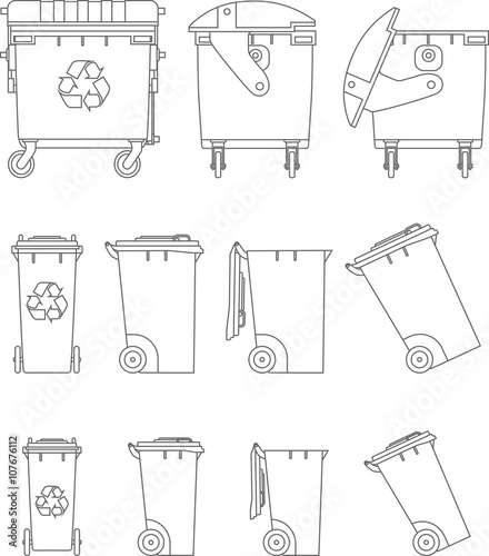 Set of different silhouettes dumpsters linear vector icons isolated on white background. Vector illustration.