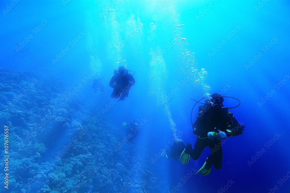 group of divers underwater on a coral reef group of divers underwater on a coral reef