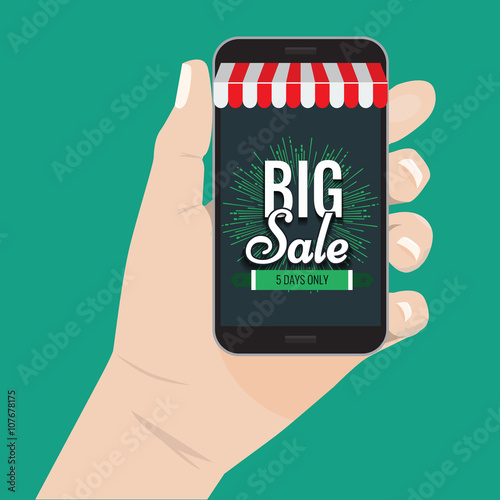 Online shopping sale concept hand holding smartphone vector illustration