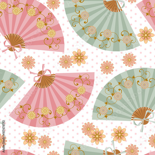 Multi-colored fan with flower pattern in Oriental style.