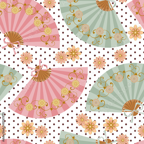 Multi-colored fan with flower pattern in Oriental style.