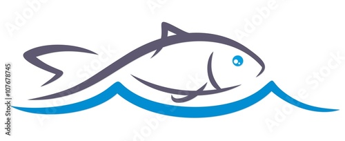 Logo of fish with blue wave.