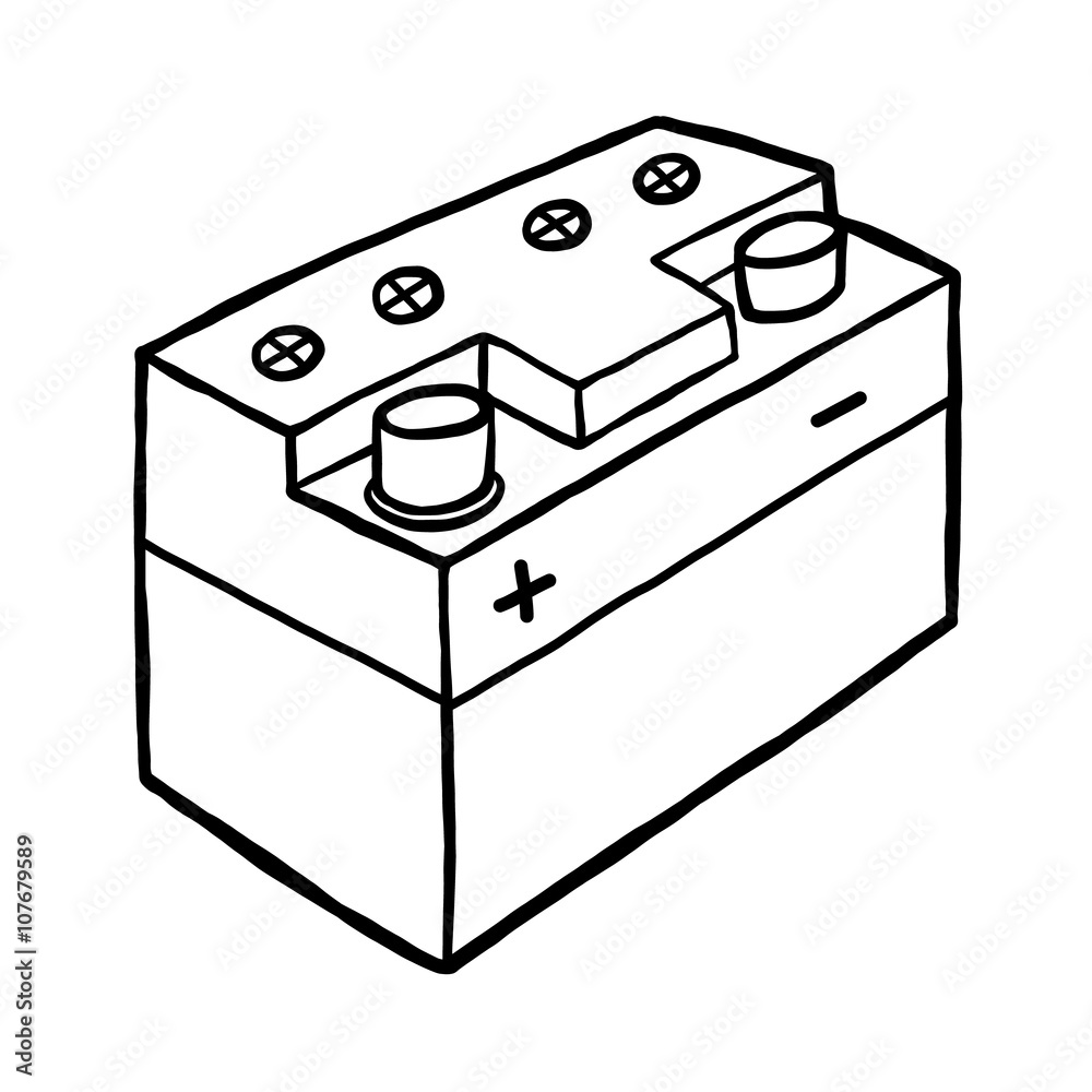 car battery / cartoon vector and illustration, black and white, hand drawn,  sketch style, isolated on white background. Stock Vector | Adobe Stock
