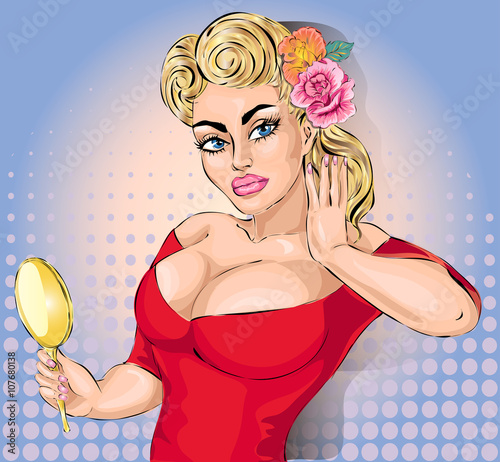 Pop art sexy woman portrait. Pin-up girl looking in the mirror