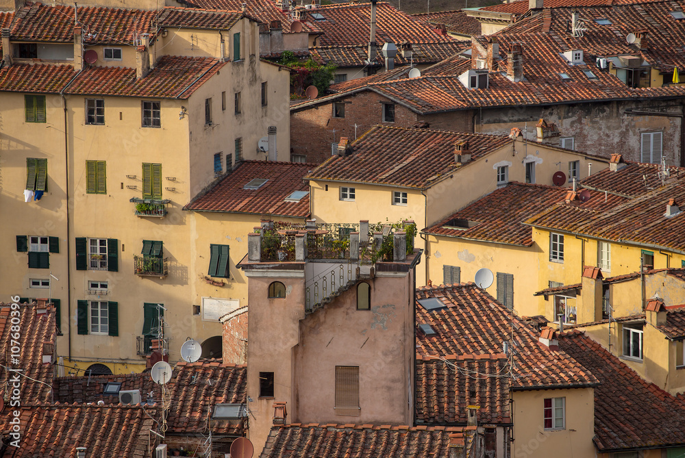 Detail view of traditional Italian town roofs and houses, Lucca, Detail view of traditional Italian town roofs and houses, Lucca,