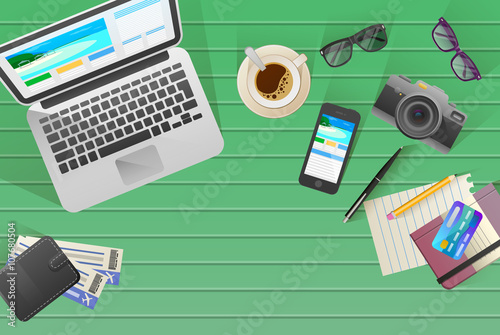 Flat web banner on the theme of travel , vacation, adventure. Preparing for your journey. Outfit of modern traveler. Objects on wooden background. Top view. Ready for Summer.