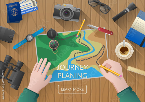 Young couple planning honeymoon vacation trip with map. Top view.