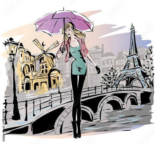 Fashion girl rainy day in Paris