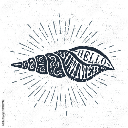 Hand drawn vintage label, retro badge with textured horn seashell vector illustration and "Hello, summer!" lettering.