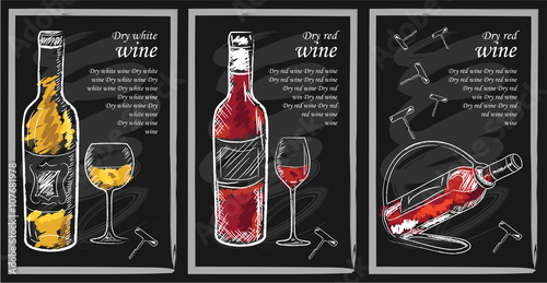 Drink menu elements on chalkboard. Restaurant blackboard for drawing. Hand drawn chalkboard  drink menu vector illustration. wine list, drink menu board, glass of the white wine and red wine