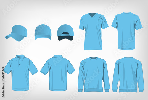 Sport baby blue t-shirt, sweater, polo shirt and baseball cap isolated set vector