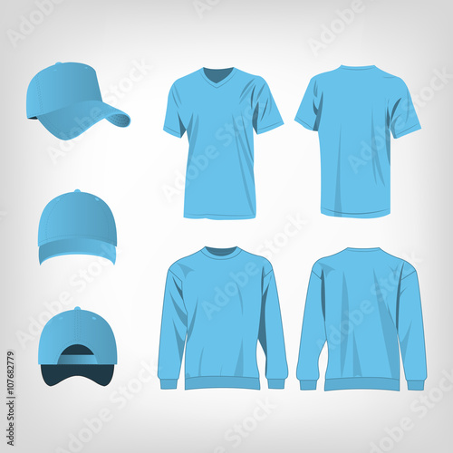 Sport baby blue t-shirt, sweater and baseball cap isolated set vector