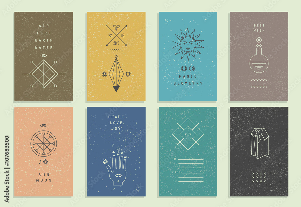 Set of vector trendy cards with geometric icons. Alchemy symbols