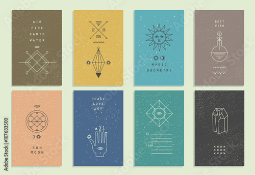 Set of vector trendy cards with geometric icons. Alchemy symbols