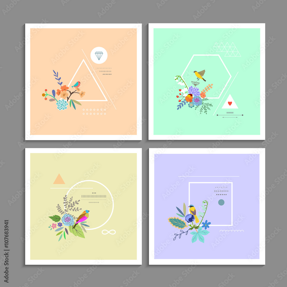 Collection of trendy creative cards. Stylish decor with flowers