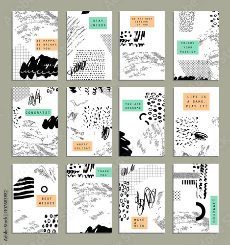 Hand drawn collection of artistic invitations with trendy colors