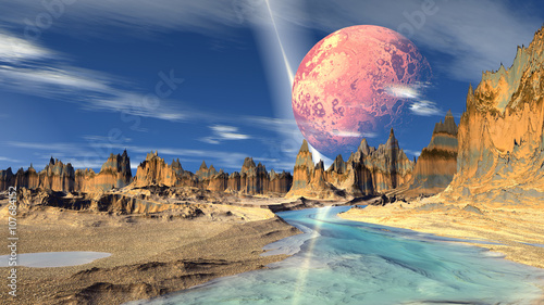 Fantasy alien planet. Rocks and lake