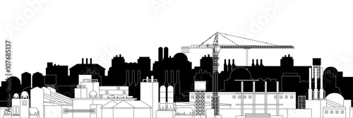 The industrial plant and manufacture building with crane. Vector illustration