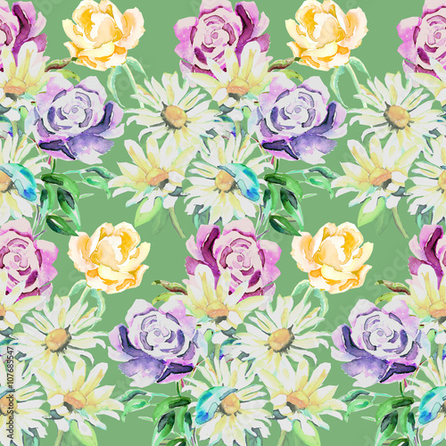 Fototapeta Naklejka Na Ścianę i Meble -  Watercolor summer flowers seamless pattern