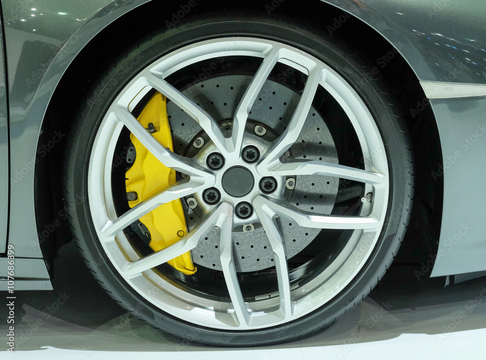 Super car disc brake. Car wheels. steel alloy car disks backgrou