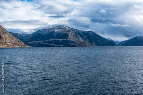 view over fjord and mountains a beautiful spring day