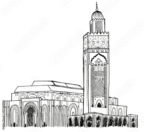 Hand drawn sketch of Koutoubia mosque in Morocco Marrakech isolated