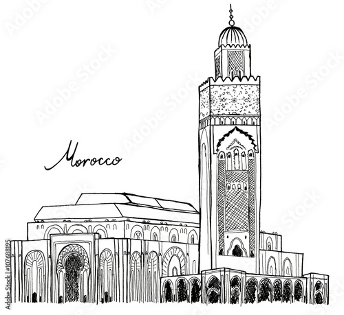 Hand drawn sketch of Koutoubia mosque in Morocco Marrakech isolated
