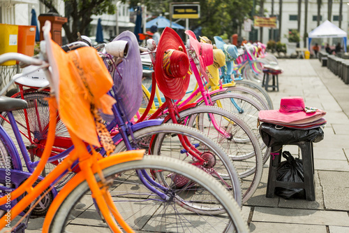 Colorful bicycles lined up for hire in Fatahilah Square in Jakarta's Old Town. Bicycling is popular among the visiting locals and tourists alike.