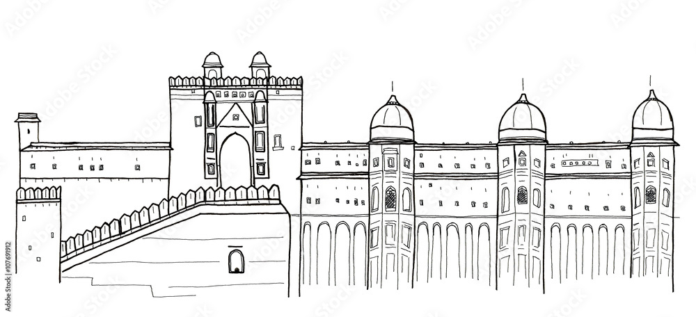 Hand drawn sketch of Amber Fort, Jaipur, India landmark