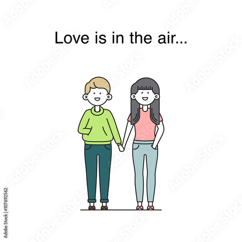 Love is in the air vector illustration with cute boy and girl characters holding their hands together made in outline style.