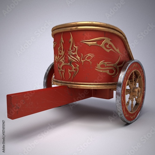 old scratched roman chariot. on gradient white background. metal wheels and gold decoration. 3D illustration