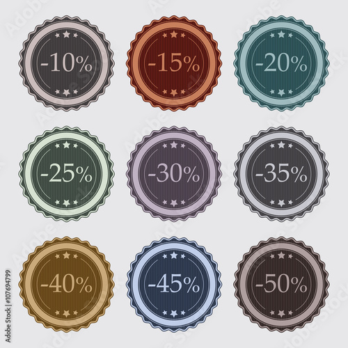 Badges vintage et rétro pour promotion et soldes de -10% à -50%