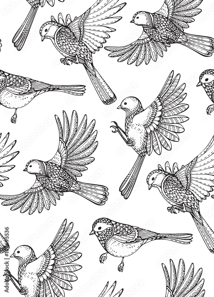 Seamless pattern with hand drawn ornate birds. Seamless pattern with hand drawn ornate birds.