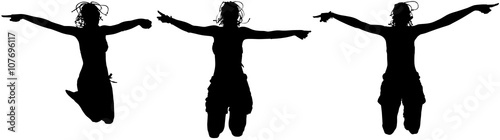 Three happy sporty women silhouette jumping in the air, black backlight isolated on white background.