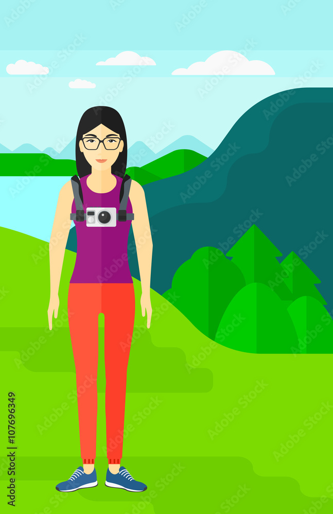 Woman with camera on chest.
